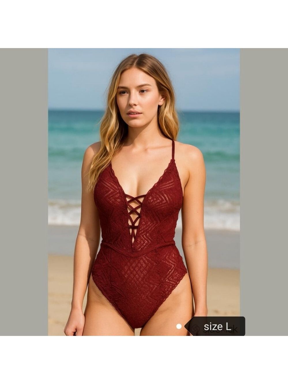 VINTAGE 90s burgundy bodysuit lace mesh size L